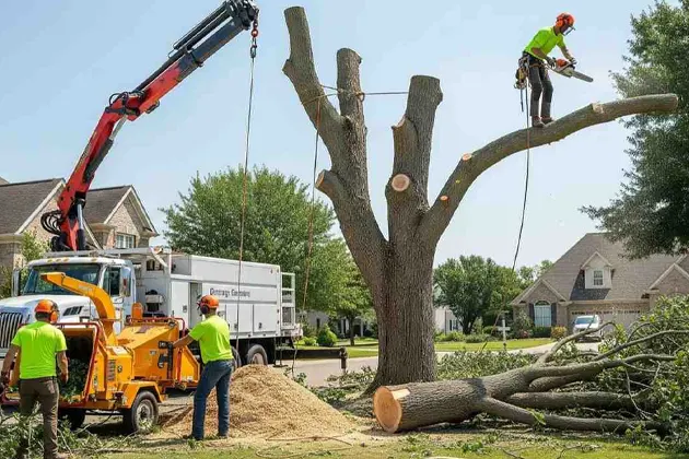 Workers use crane and chipper to remove large tree branches in neighborhood.